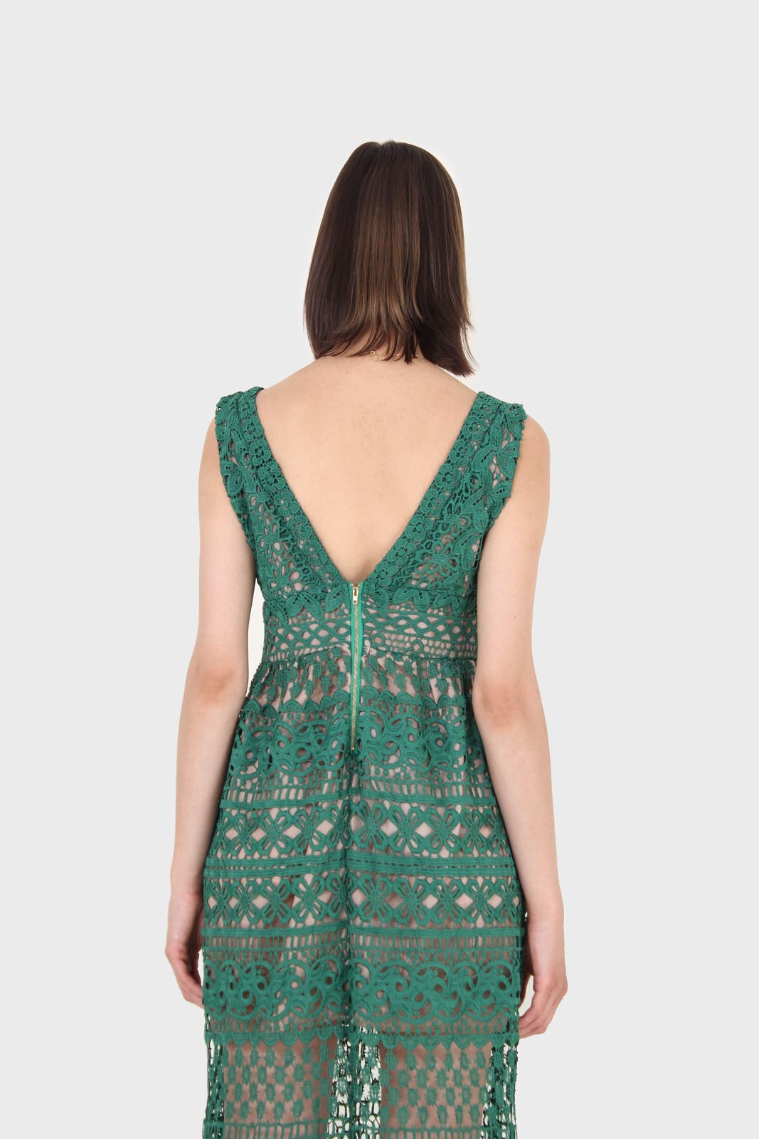 Green and nude deep V lace maxi dress