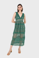 Green and nude deep V lace maxi dress