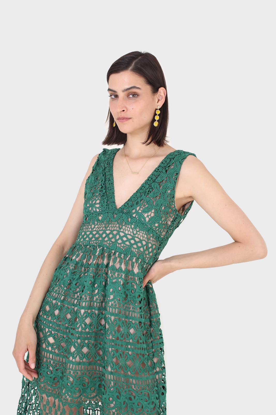 Green and nude deep V lace maxi dress