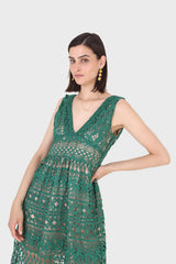Green and nude deep V lace maxi dress