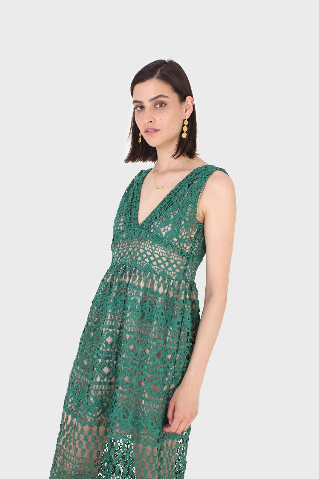 Green and nude deep V lace maxi dress