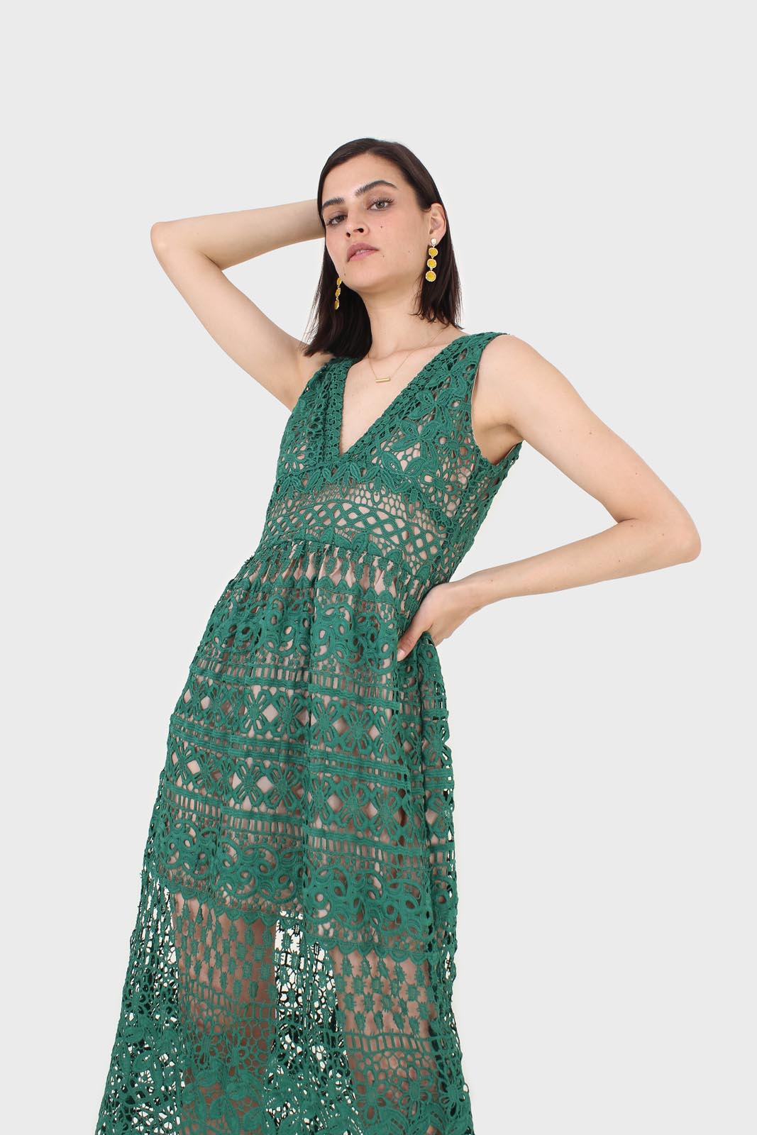 Green and nude deep V lace maxi dress
