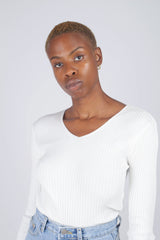 Ivory ribbed double V fitted knit top