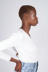 Ivory ribbed double V fitted knit top