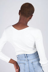 Ivory ribbed double V fitted knit top