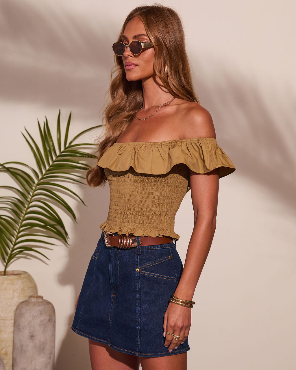 Quiet Drift Smocked Cotton Off the Shoulder Top