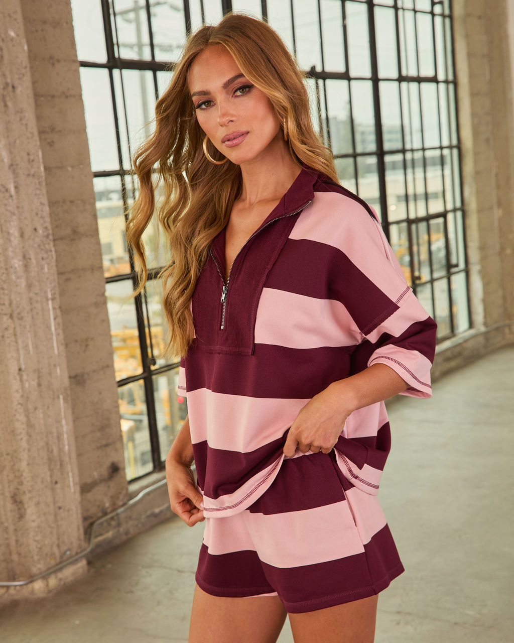 Cool Poise Striped Quarter Zip Terry Top