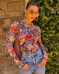 Petal Bound Mesh Floral Mock Neck Top