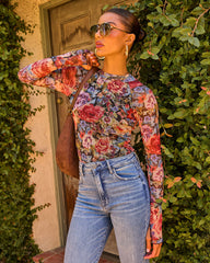 Petal Bound Mesh Floral Mock Neck Top