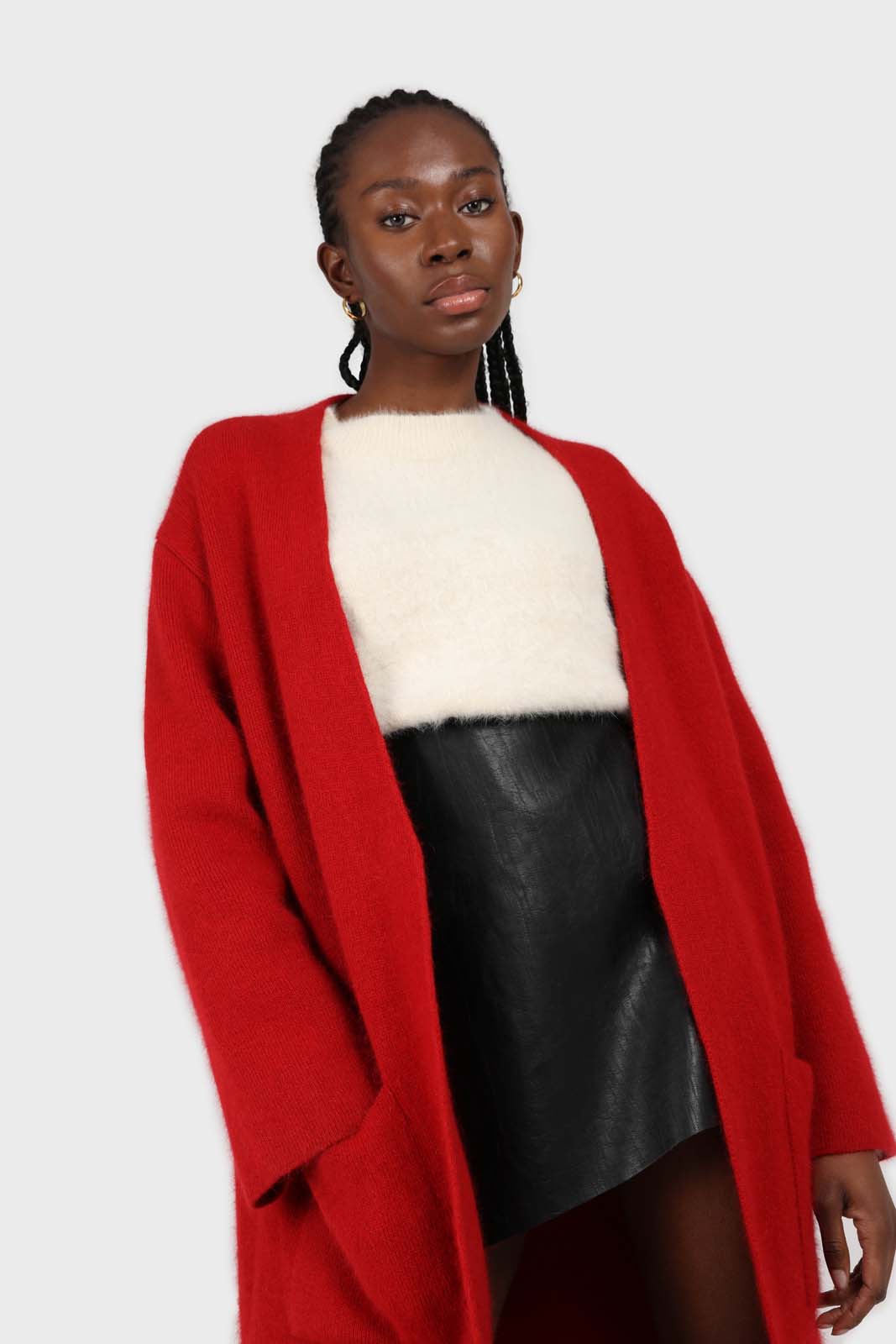 Bold red thick angora sweater coat