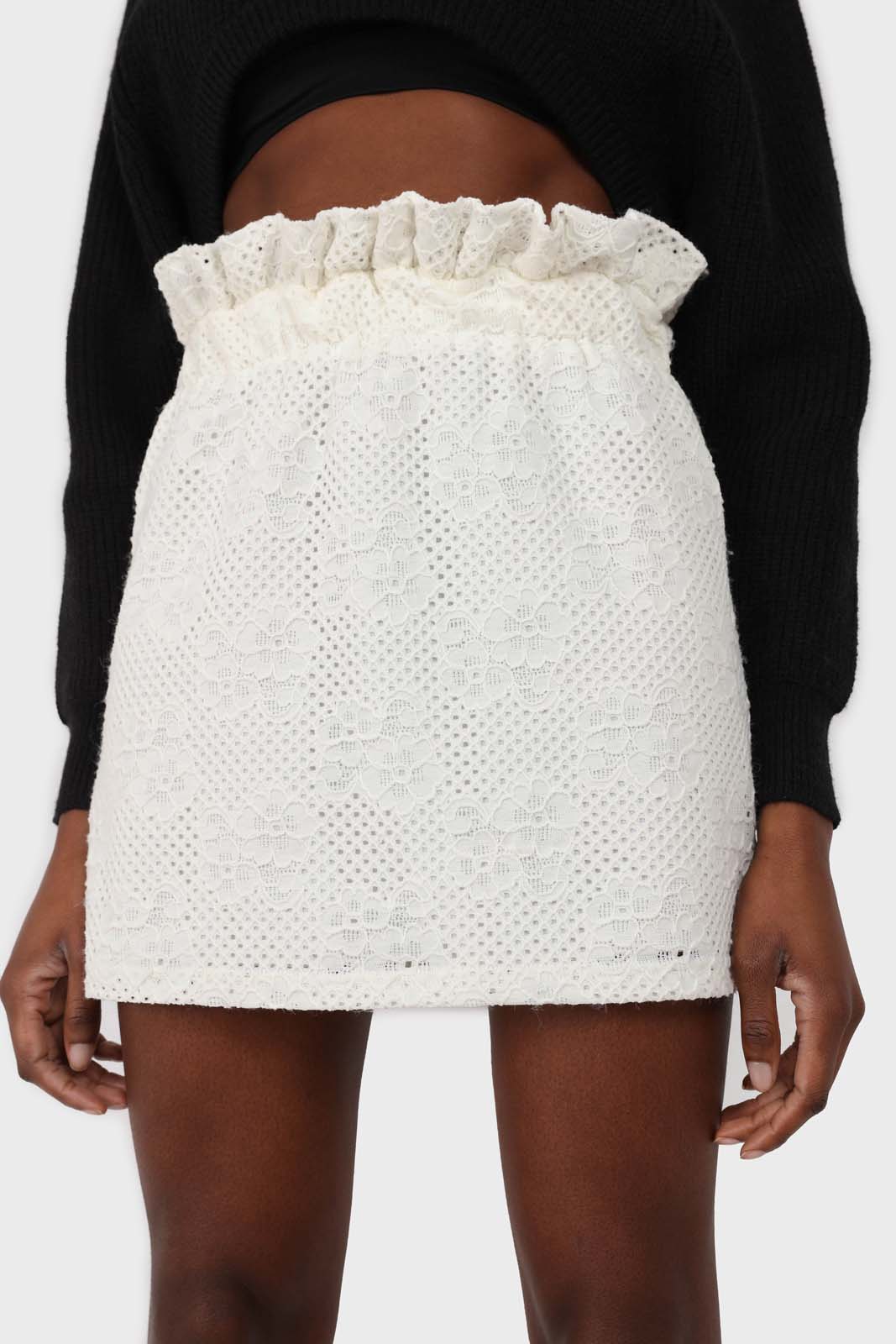 Ivory ruched waist eyelet mini skirt