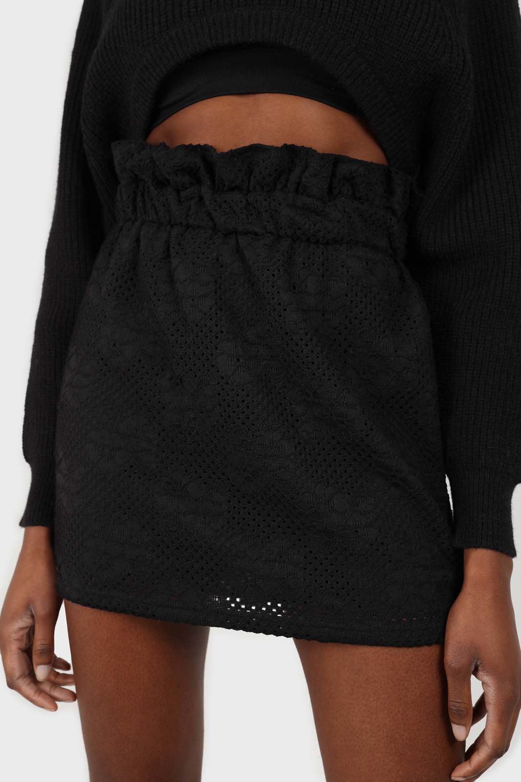Black ruched waist eyelet mini skirt