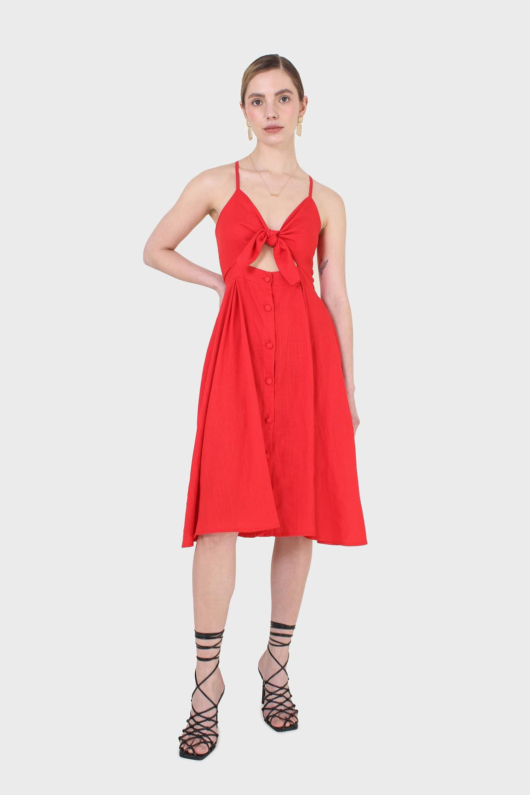 Bright red peek tie front linen dress