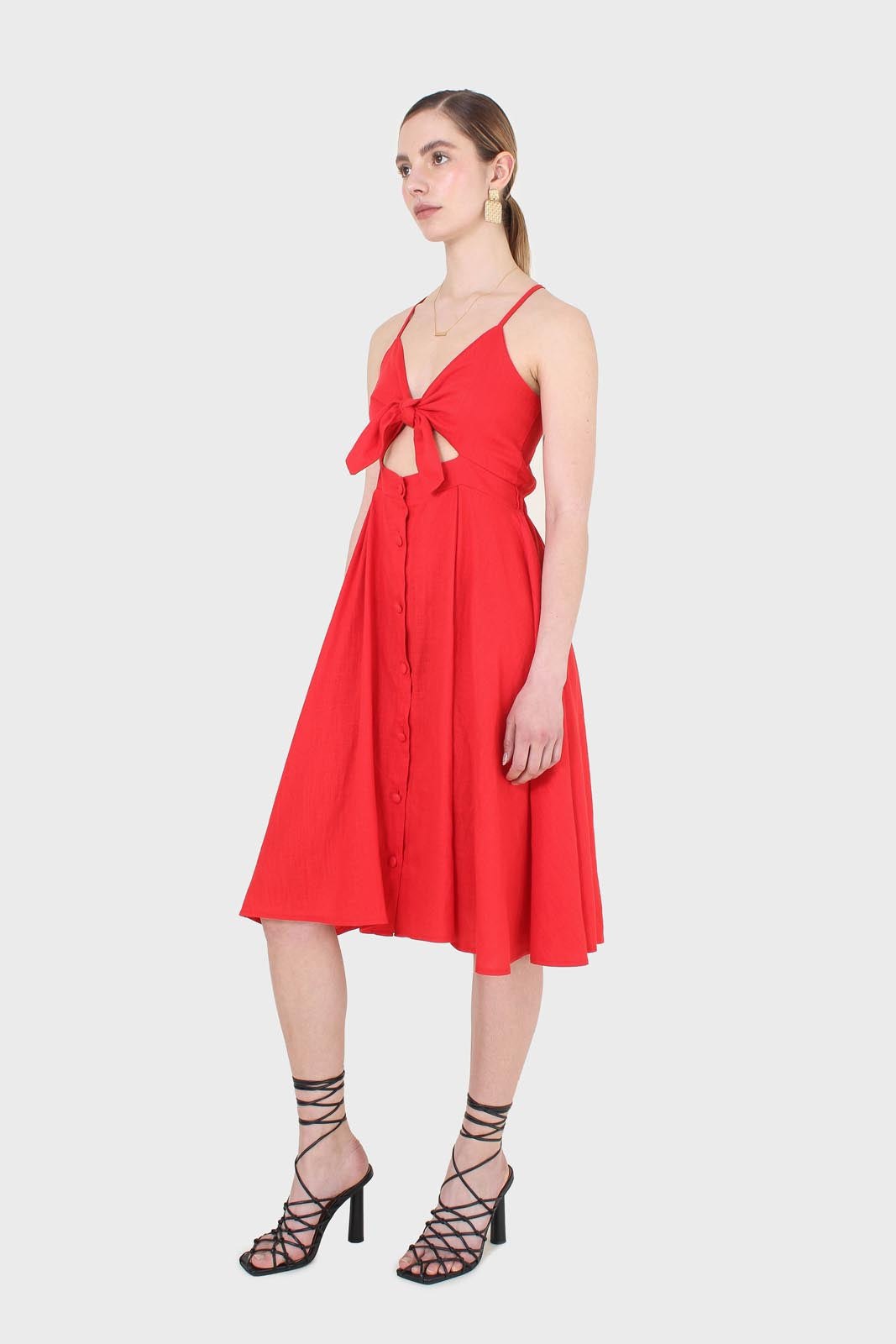 Bright red peek tie front linen dress