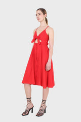 Bright red peek tie front linen dress