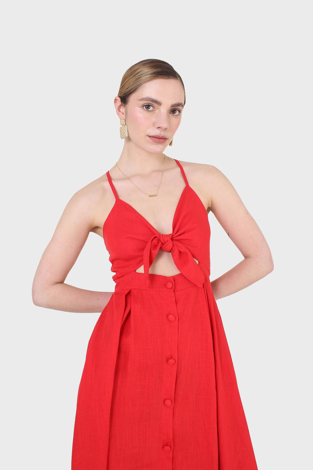 Bright red peek tie front linen dress