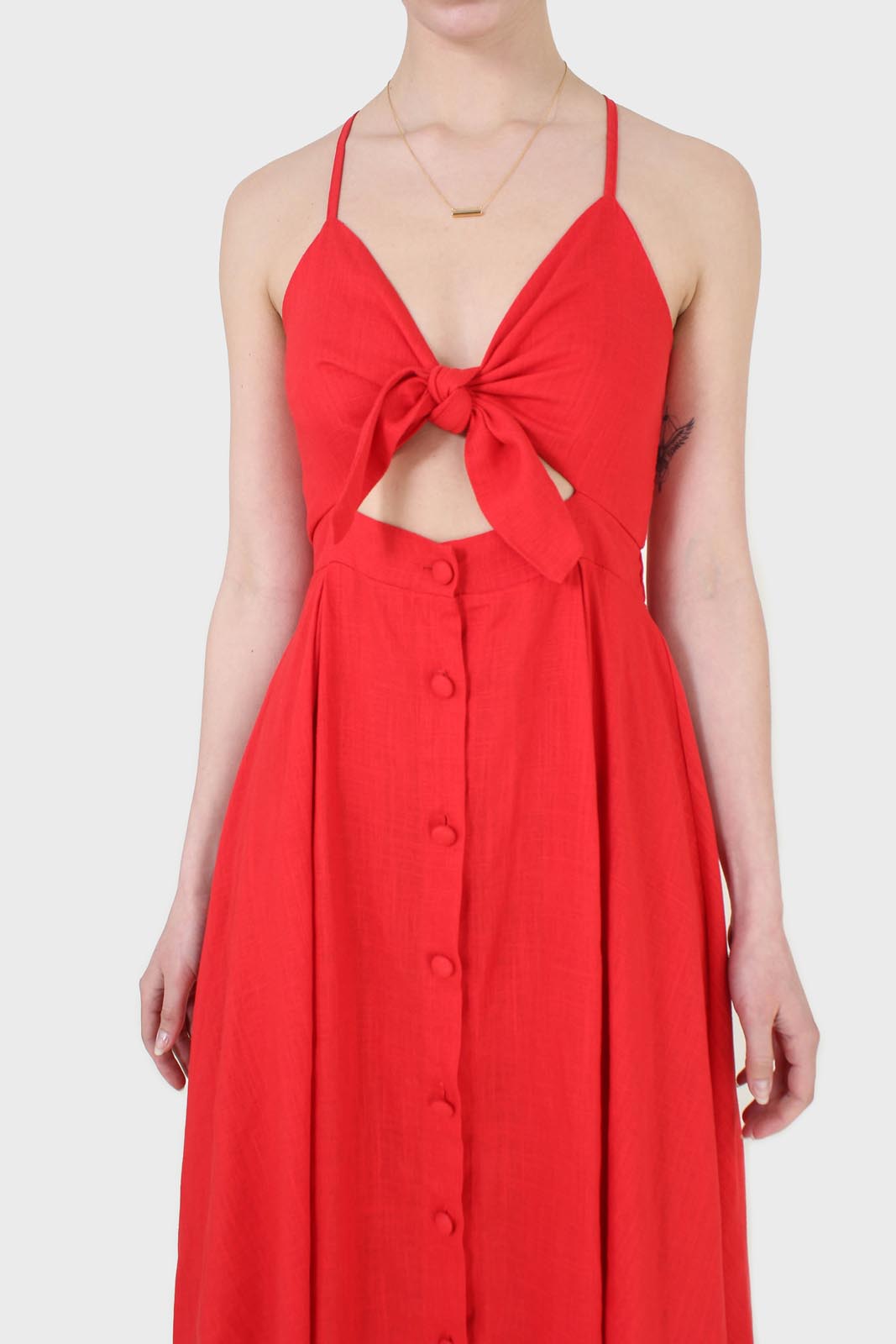 Bright red peek tie front linen dress