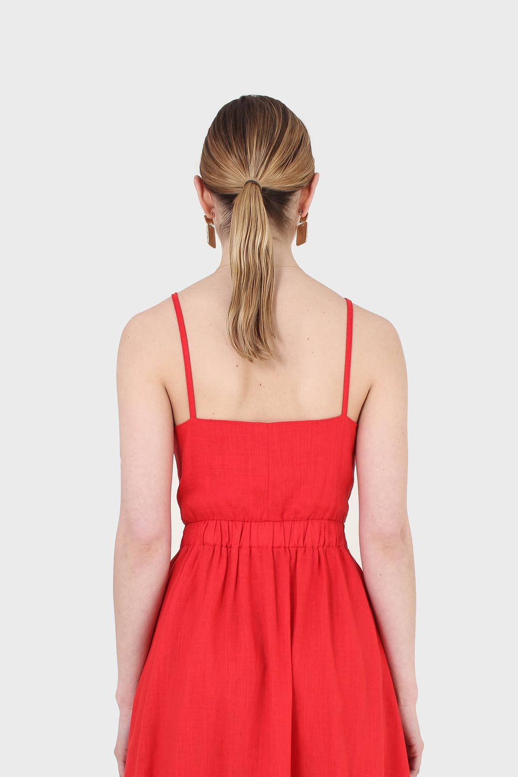Bright red peek tie front linen dress