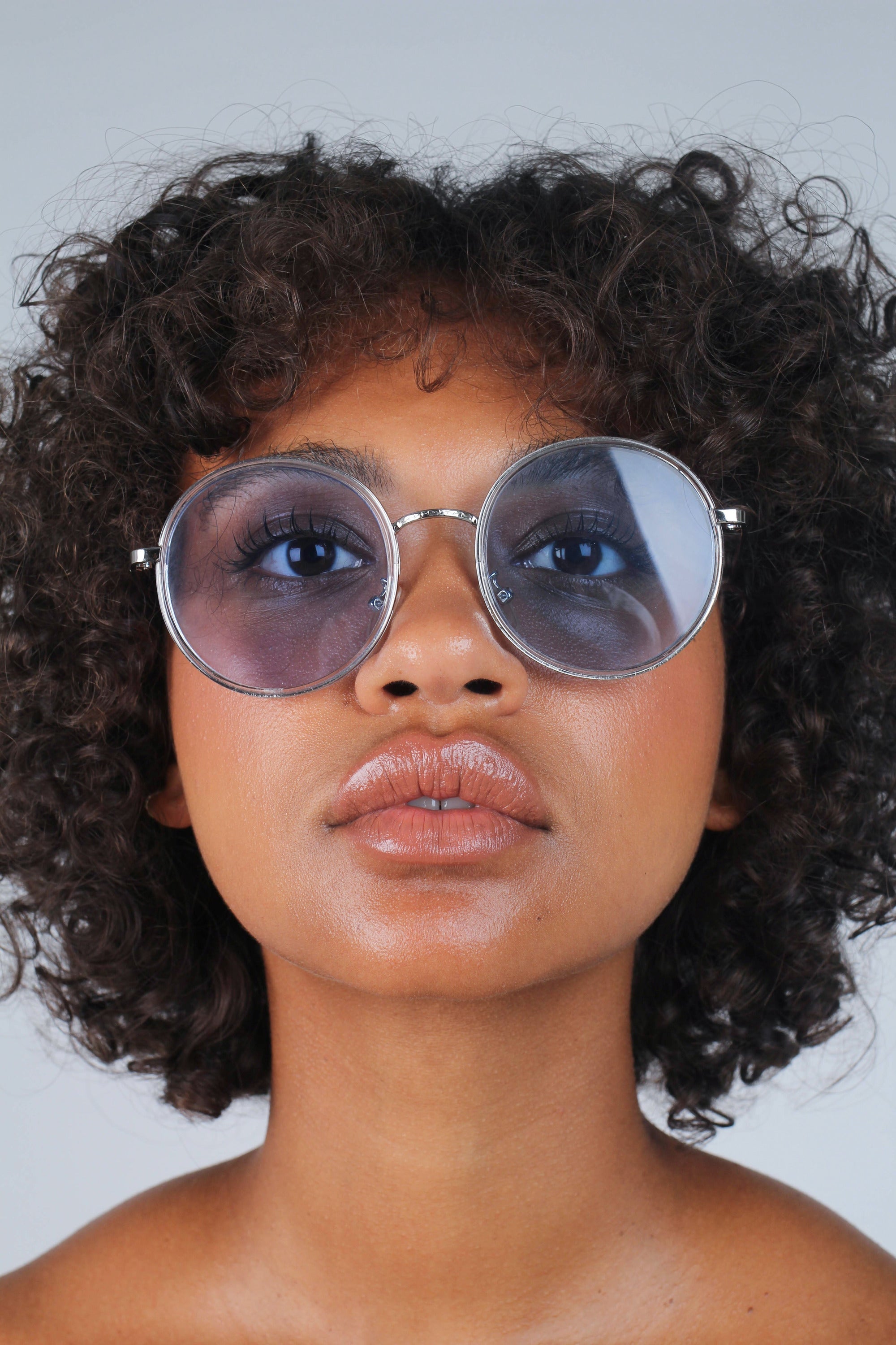 Blue clear frame rounded square sunglasses