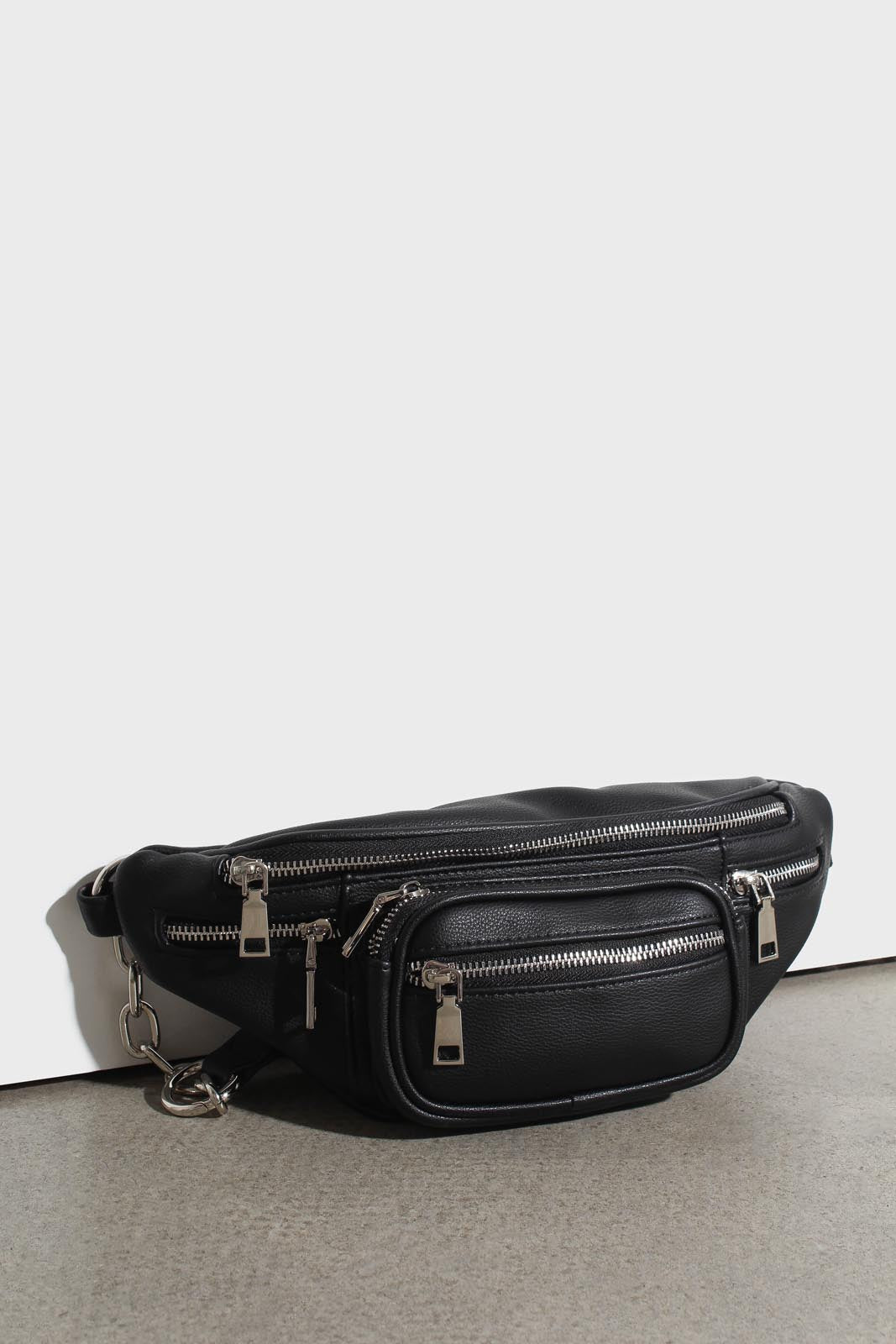 Black vegan leather silver zip bum bag