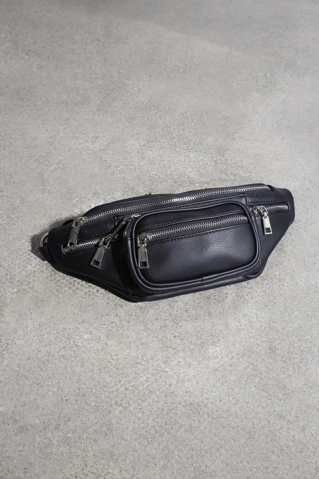 Black vegan leather silver zip bum bag
