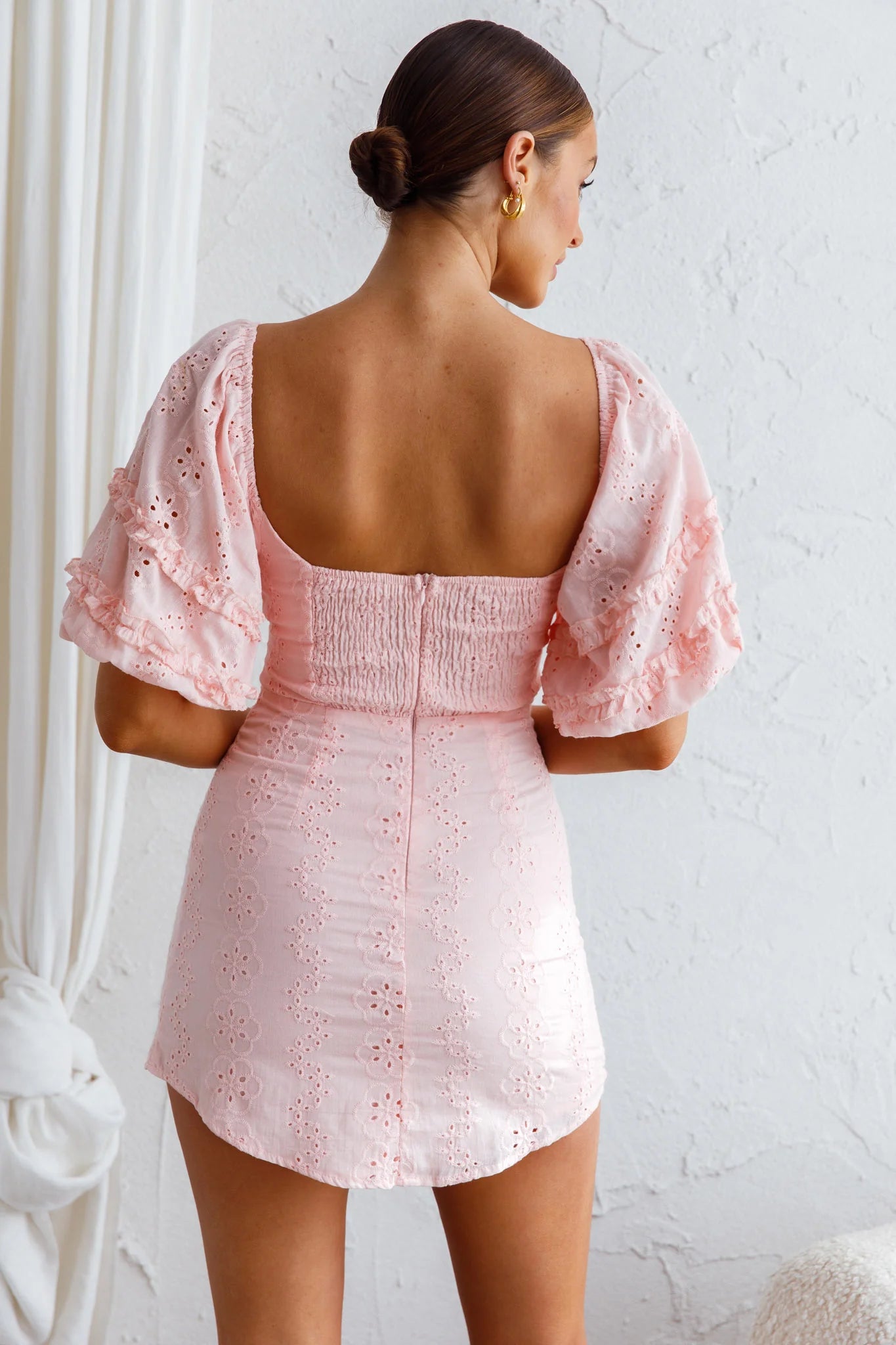 Sweet Romance Puff Sleeve Eyelet Mini Dress Baby Pink
