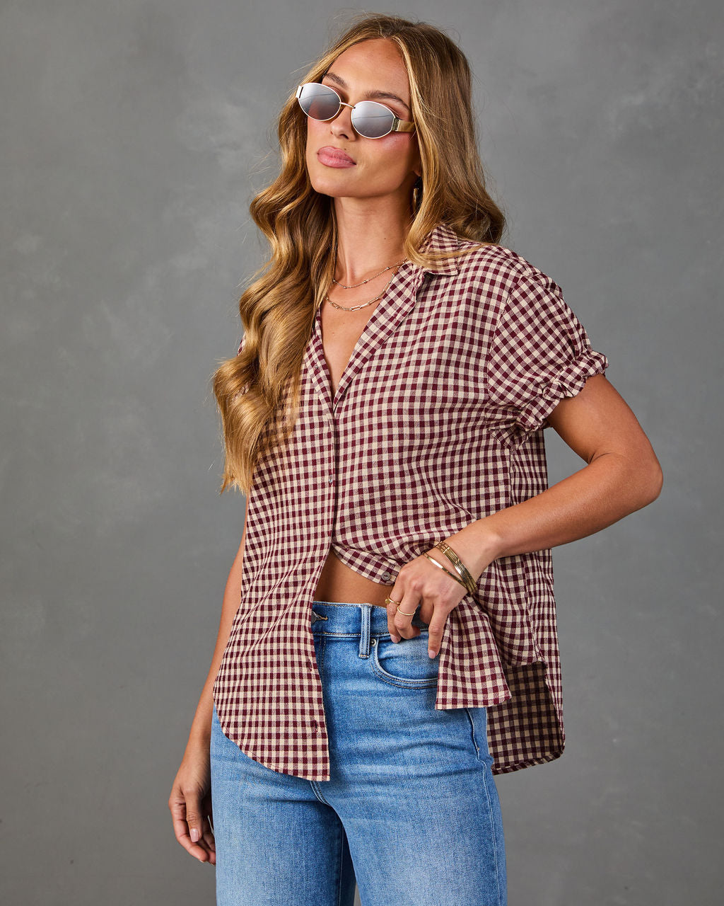 Josette Cotton Gingham Short Sleeve Top