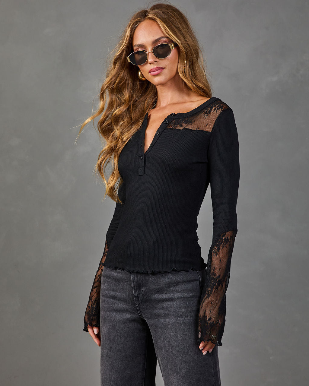 Morning Espresso Lace Trim Henley Top