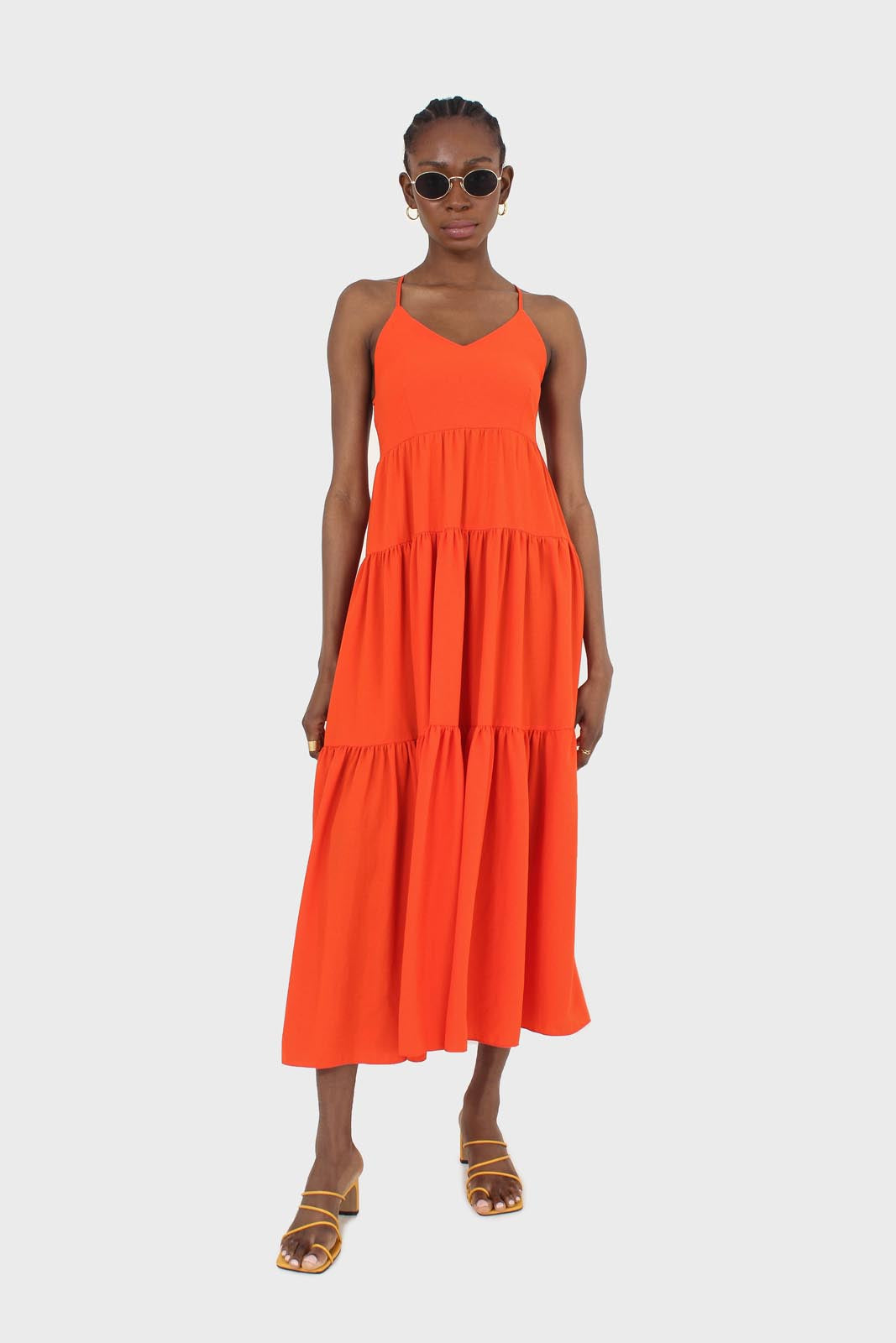 Red tiered tie back maxi dress