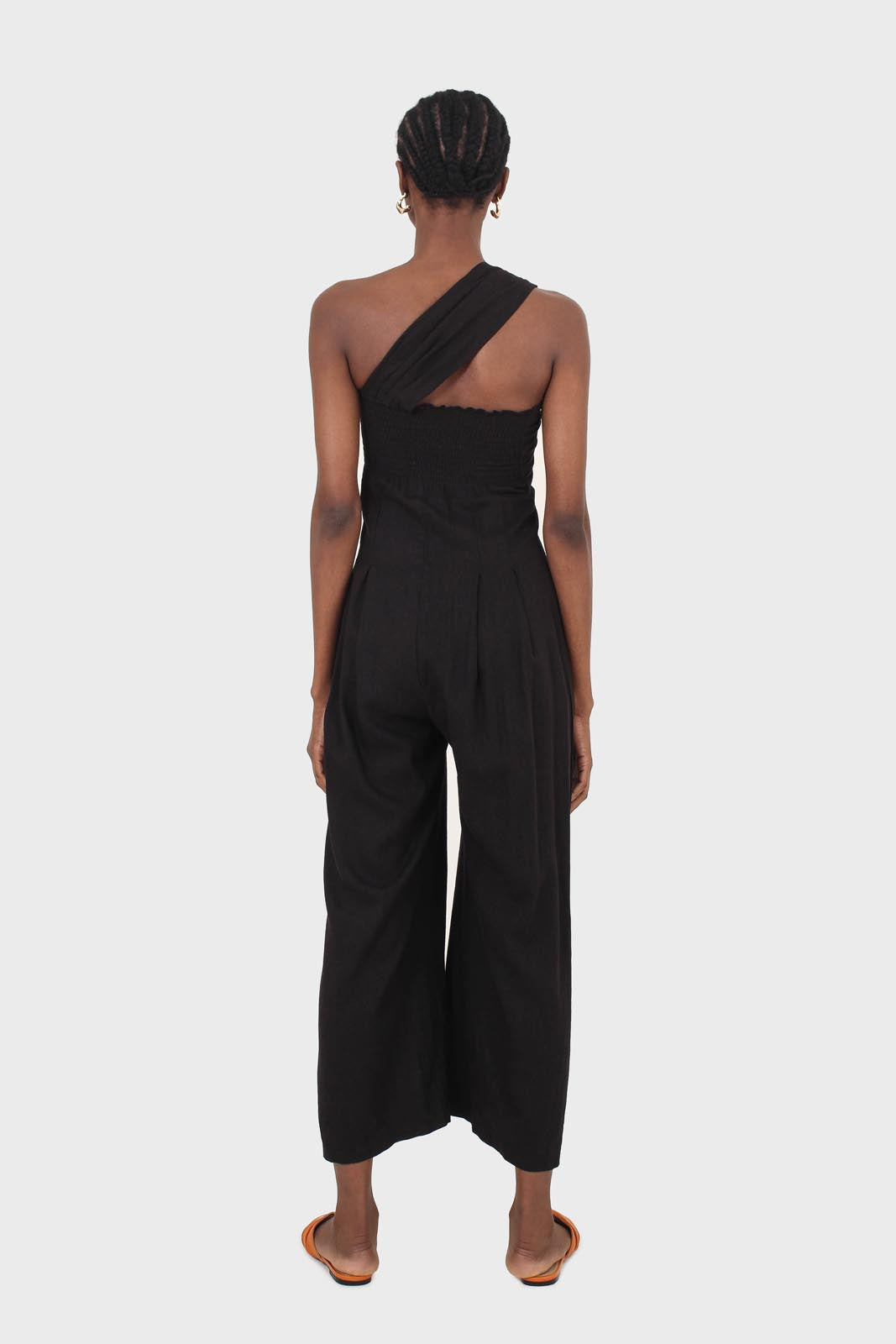 Black one shoulder linen jumpsuit