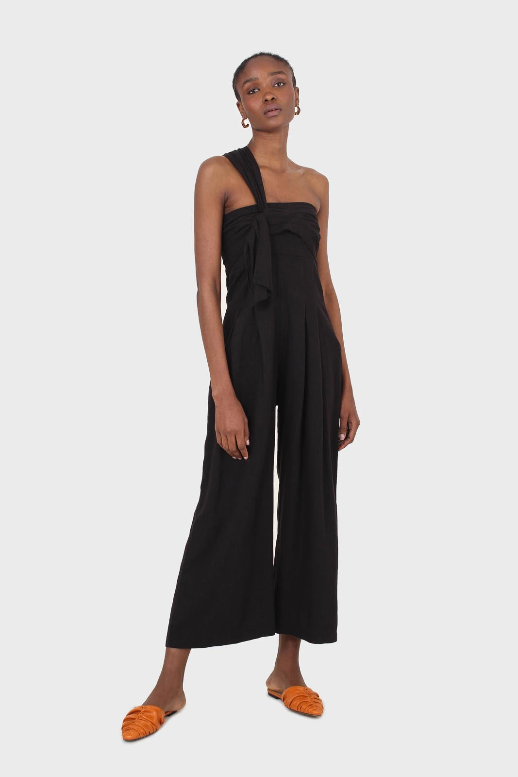 Black one shoulder linen jumpsuit