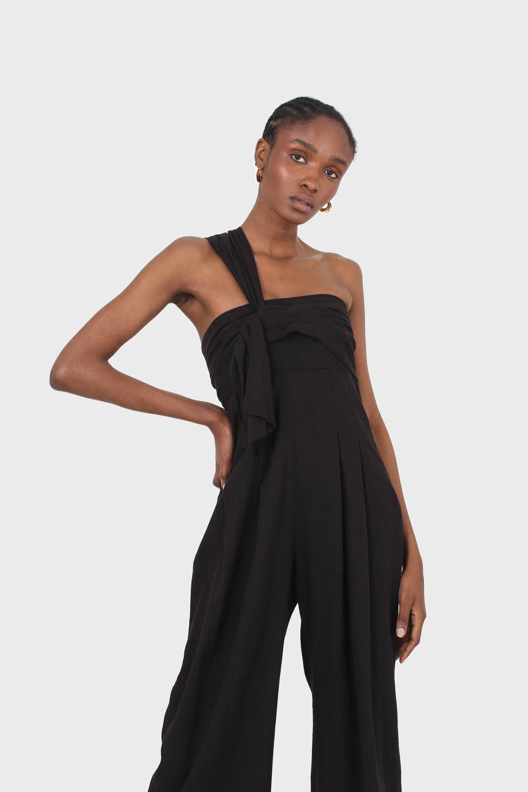 Black one shoulder linen jumpsuit