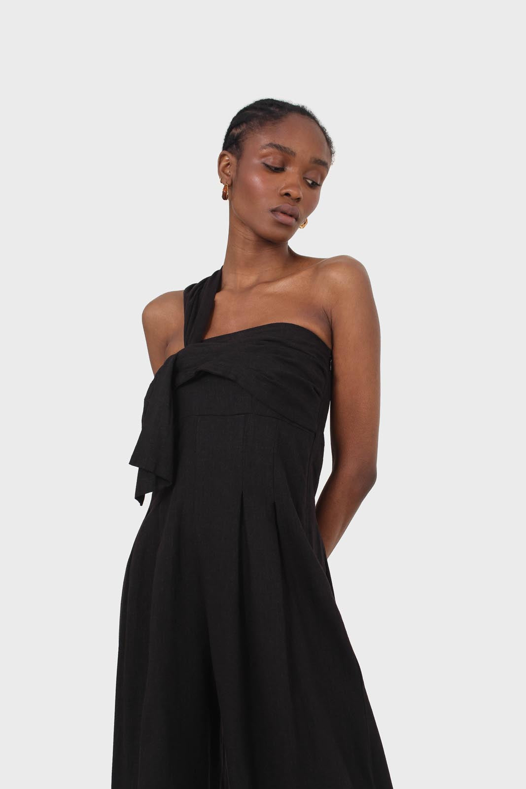 Black one shoulder linen jumpsuit