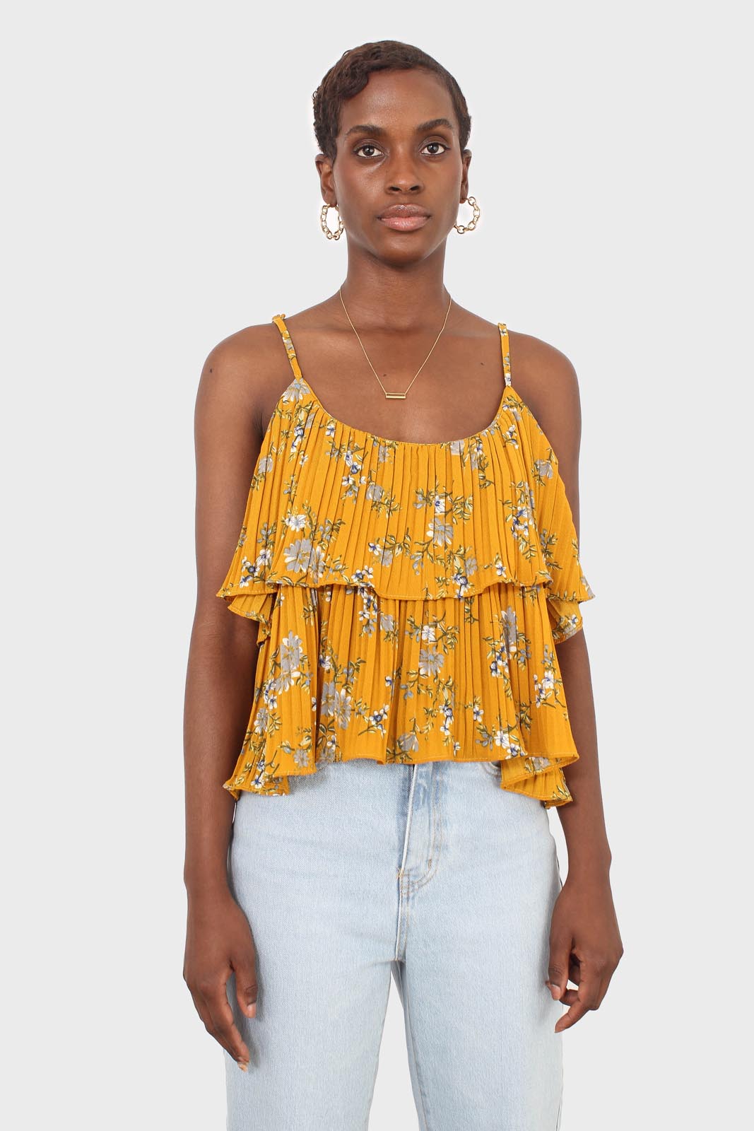 Rust orange and navy floral print off shoulder top