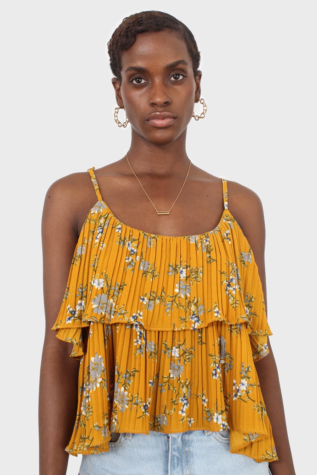 Rust orange and navy floral print off shoulder top