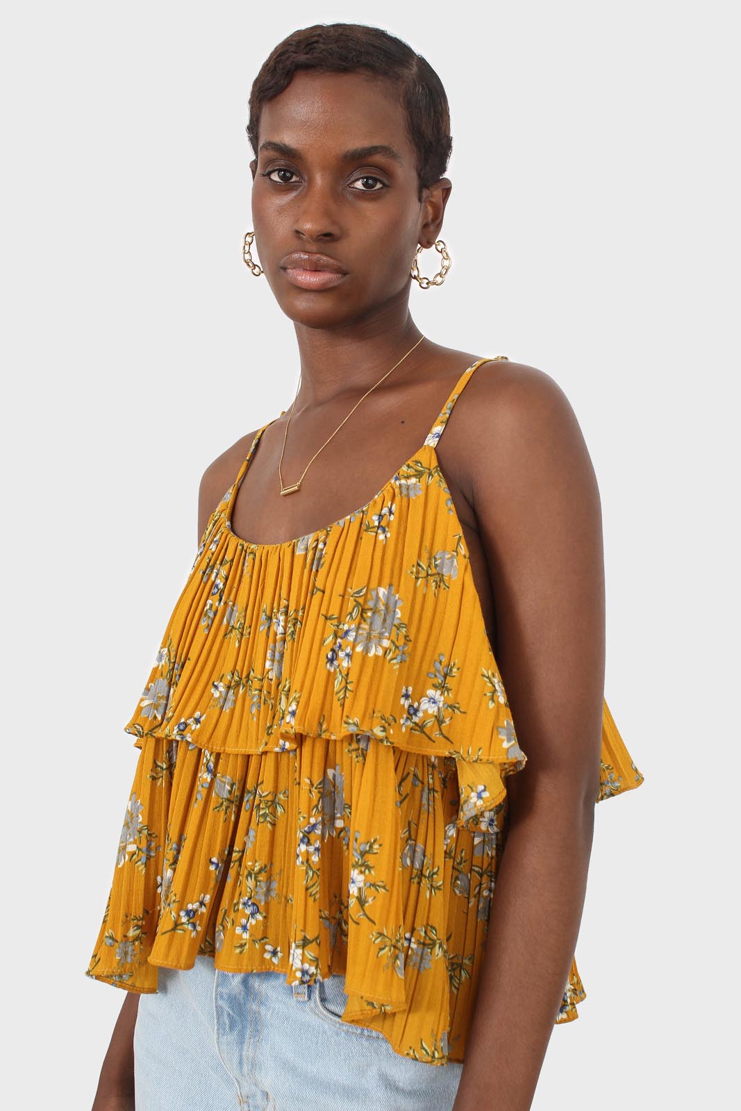 Rust orange and navy floral print off shoulder top