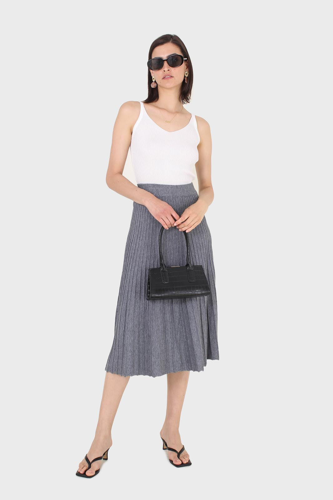 Grey lined midi length flare knit skirt