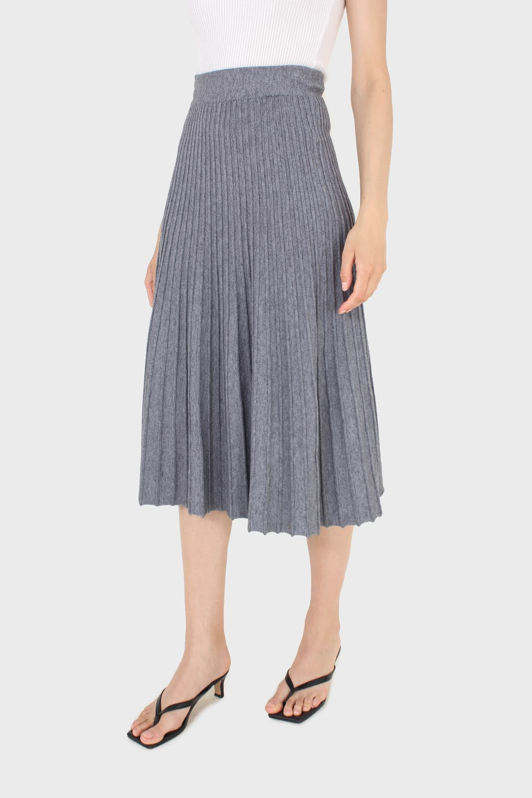 Grey lined midi length flare knit skirt