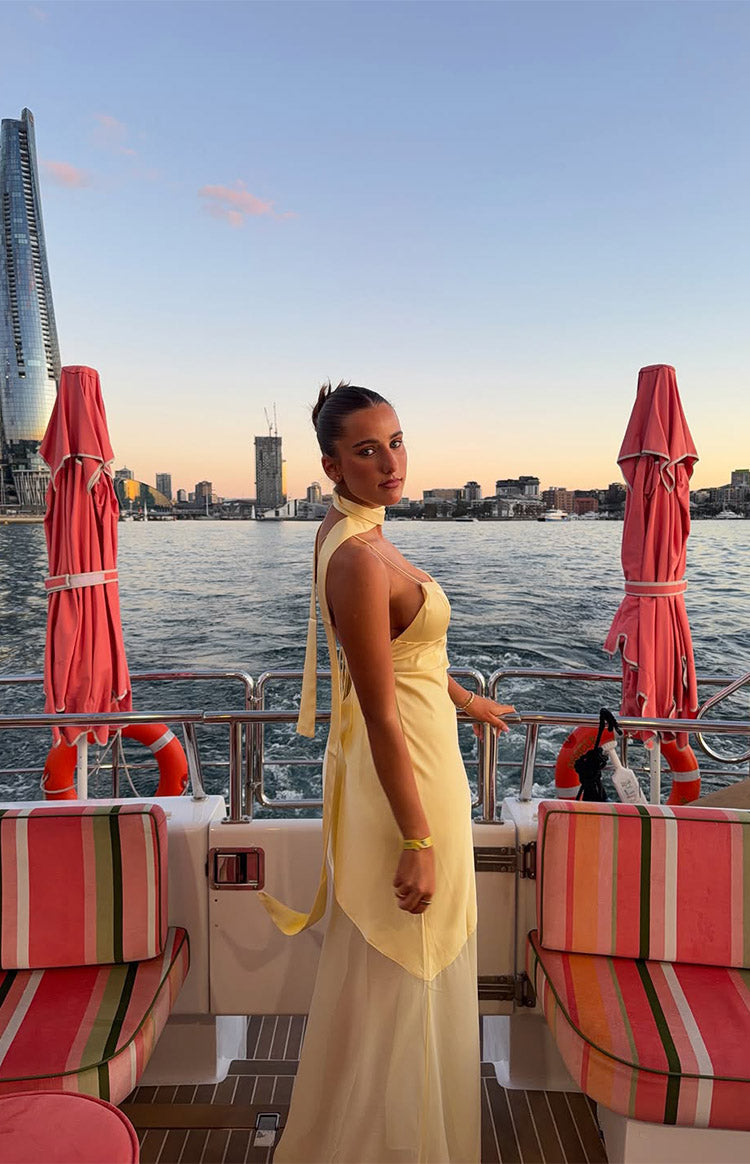 Laila Yellow Satin Scarf Formal Maxi Dress