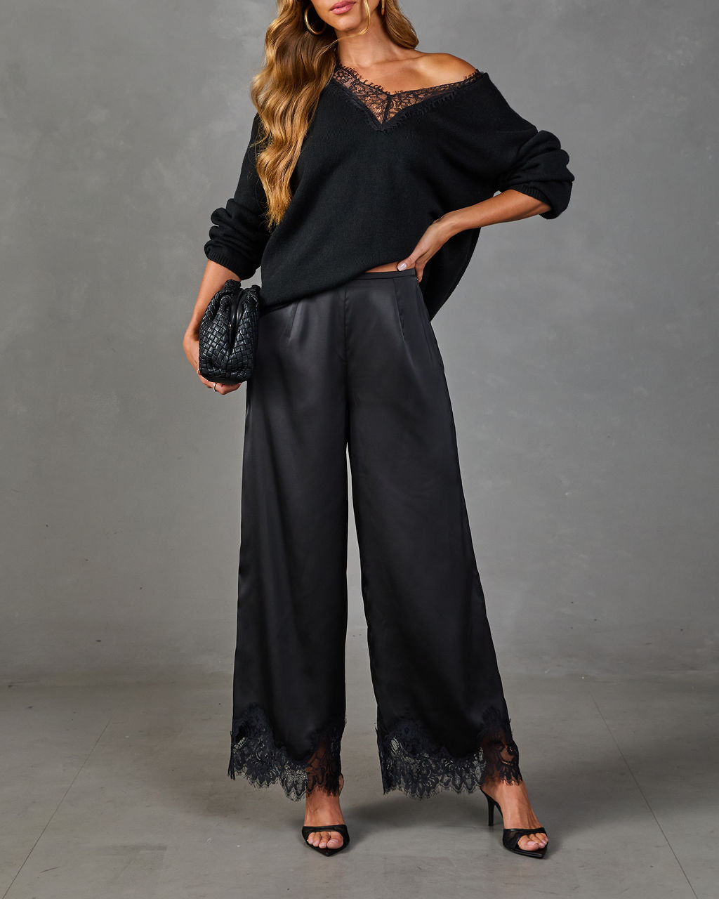 Soera Satin Wide Leg Lace Trim Pants