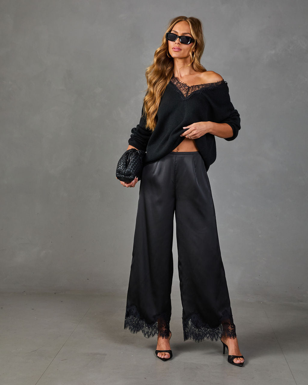 Soera Satin Wide Leg Lace Trim Pants
