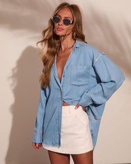 Daisee Frayed Trim Chambray Button Down Top