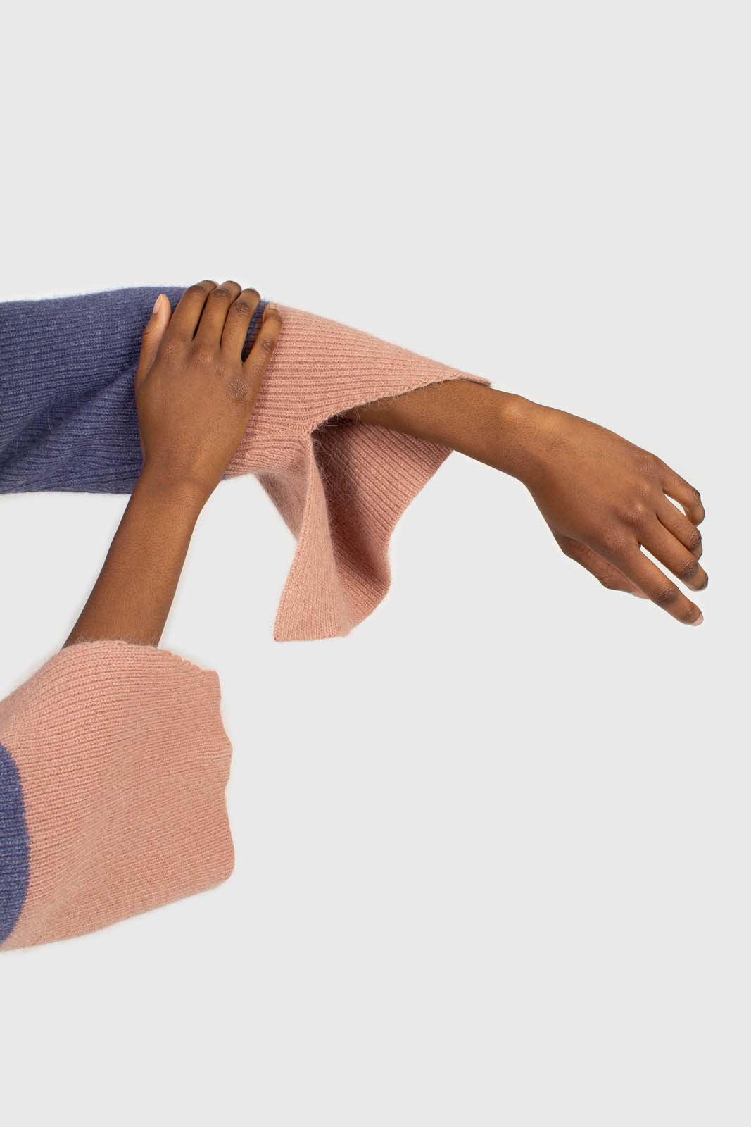 Blue and pink colorblock mock neck angora jumper