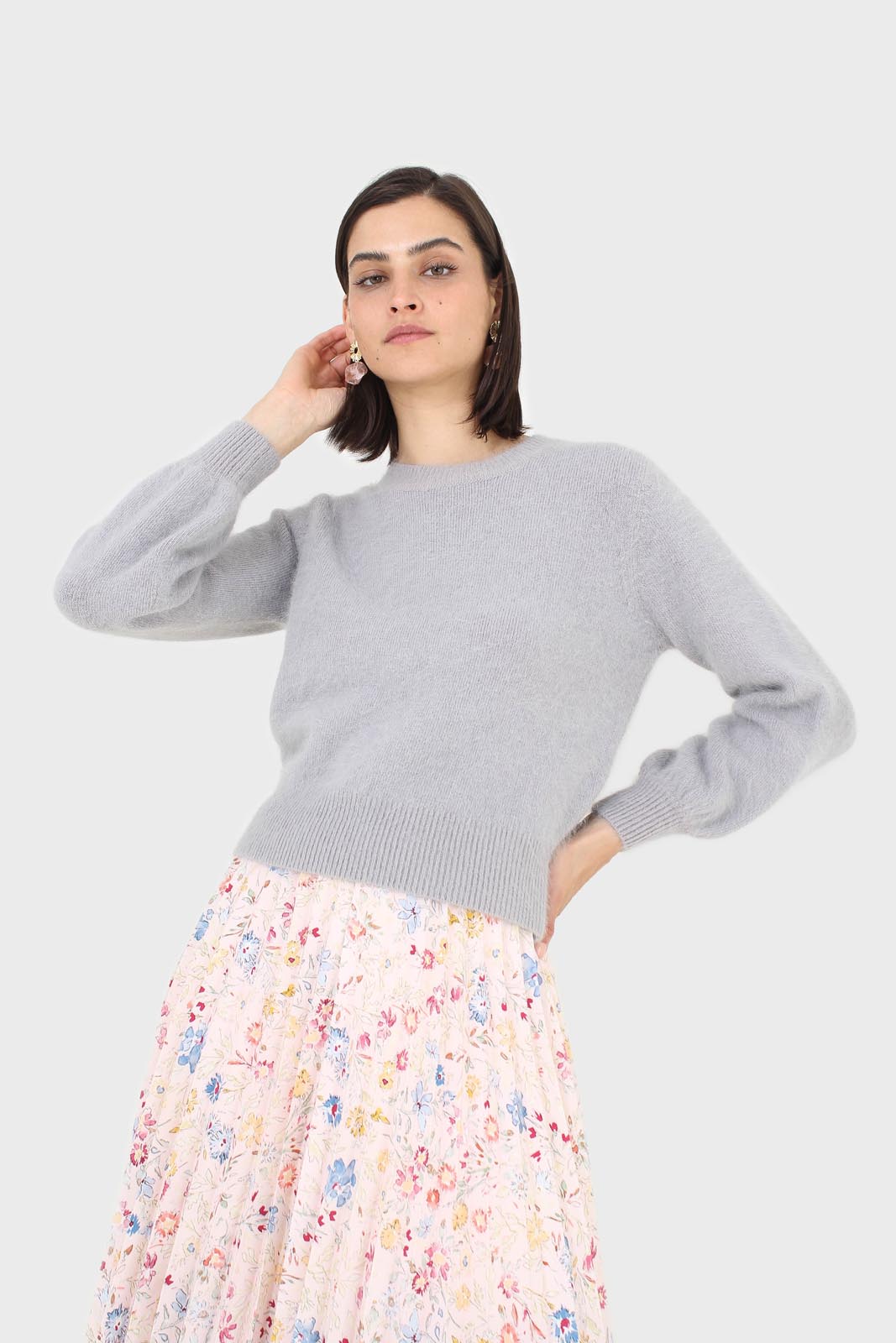 Grey balloon sleeve angora jumper