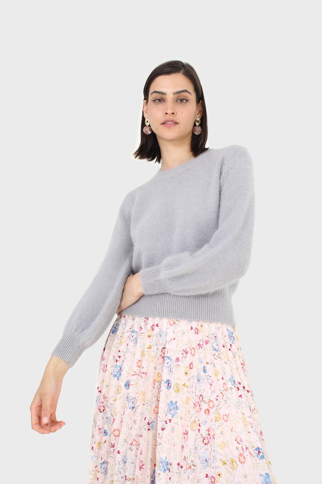 Grey balloon sleeve angora jumper