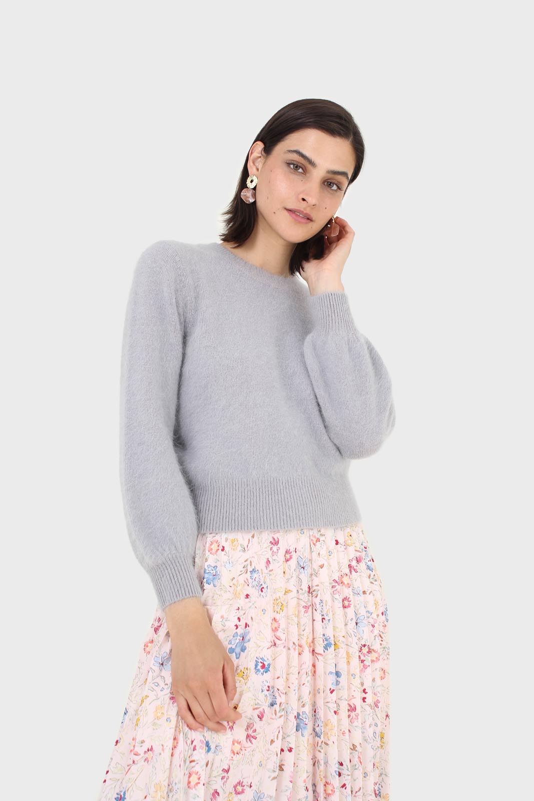 Grey balloon sleeve angora jumper