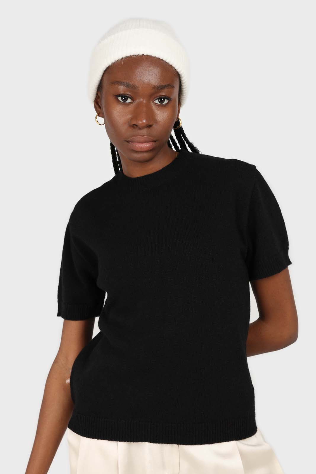 Black wool mock neck knit tee