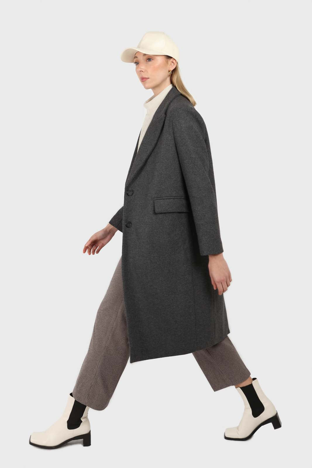 Charcoal grey single breasted wool coat