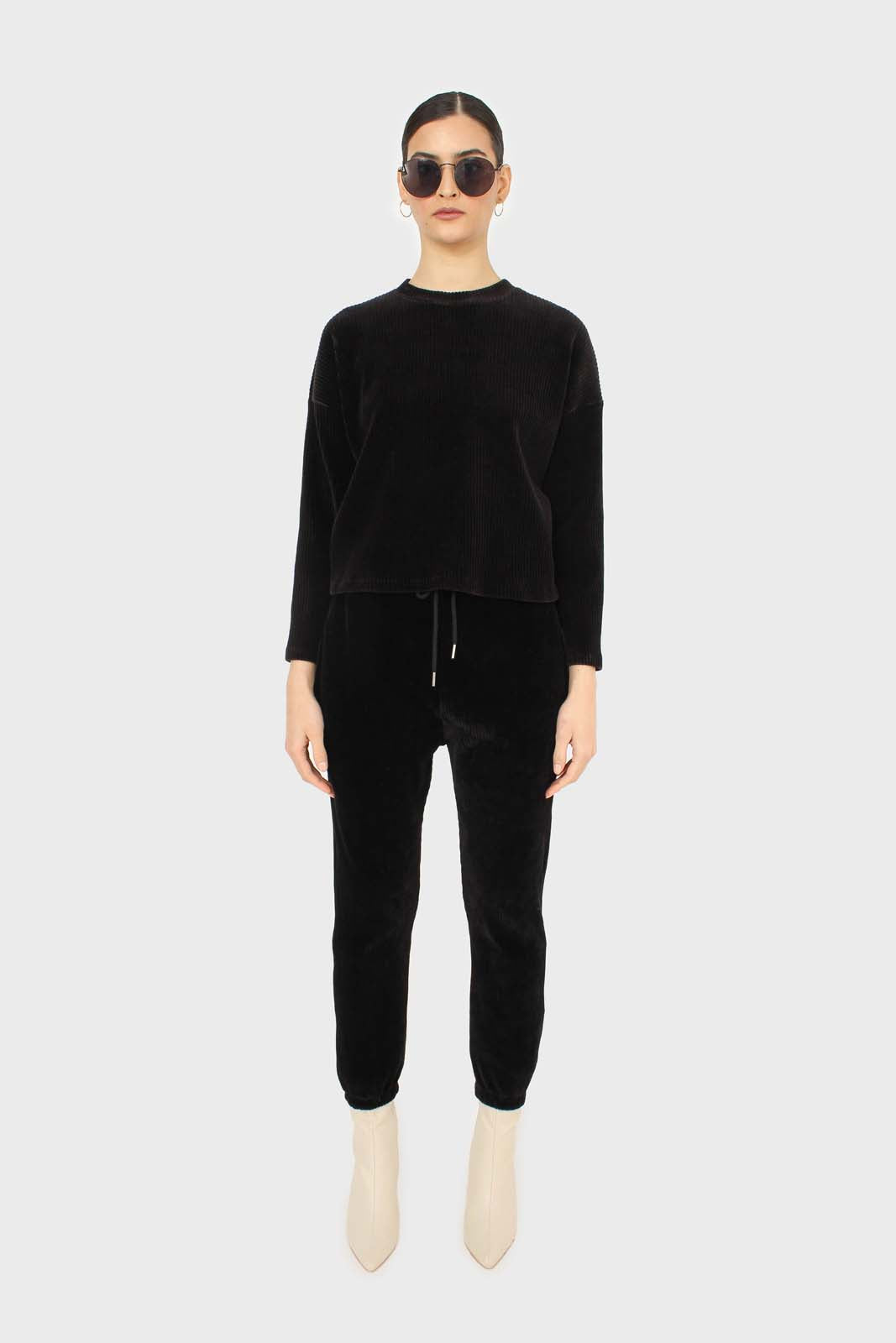 Black ribbed velvet long sleeved top