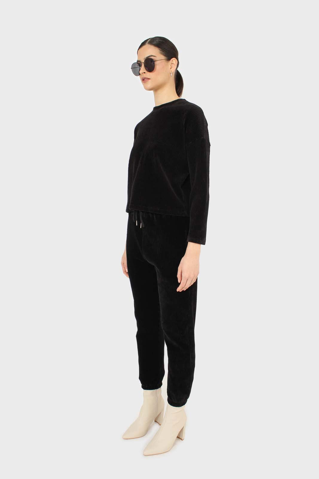 Black ribbed velvet long sleeved top